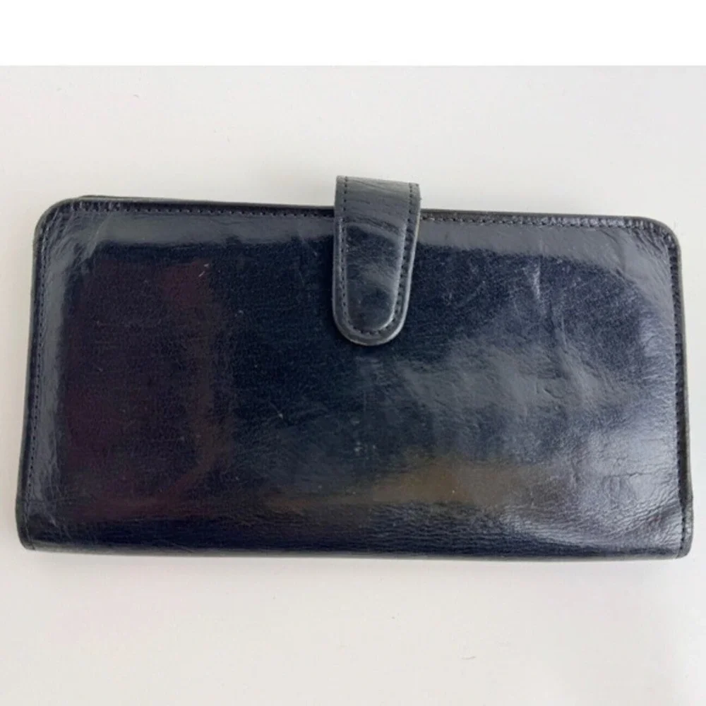 Coach Vintage Black Leather Slim Checkbook Wallet Tab Snap‎ Card Holder Chic 47